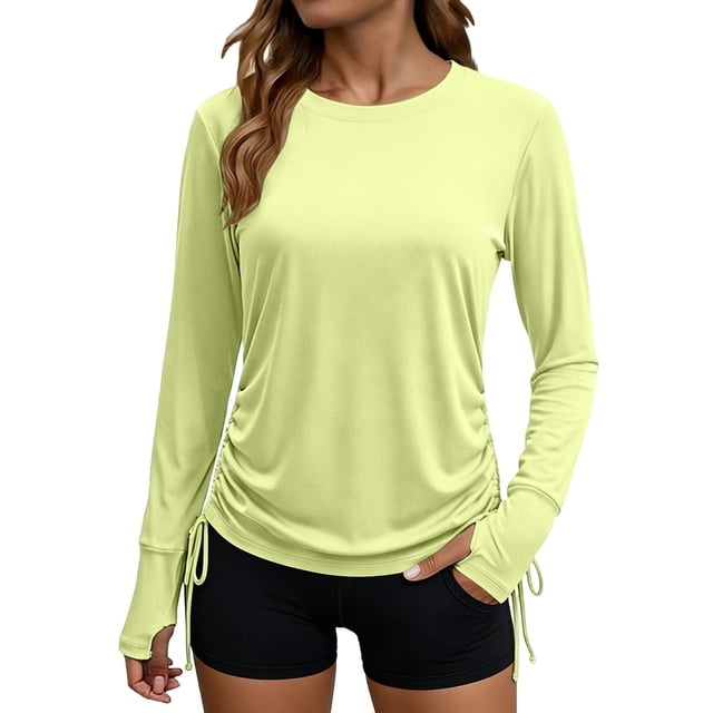 Craaazy Women's Relaxed Fit Crew Neck Blouse, Solid Color Long Sleeve Sun Protection Top, Side Ruched Comfy Casual Tee with Thumb Holes for Summer Gifts