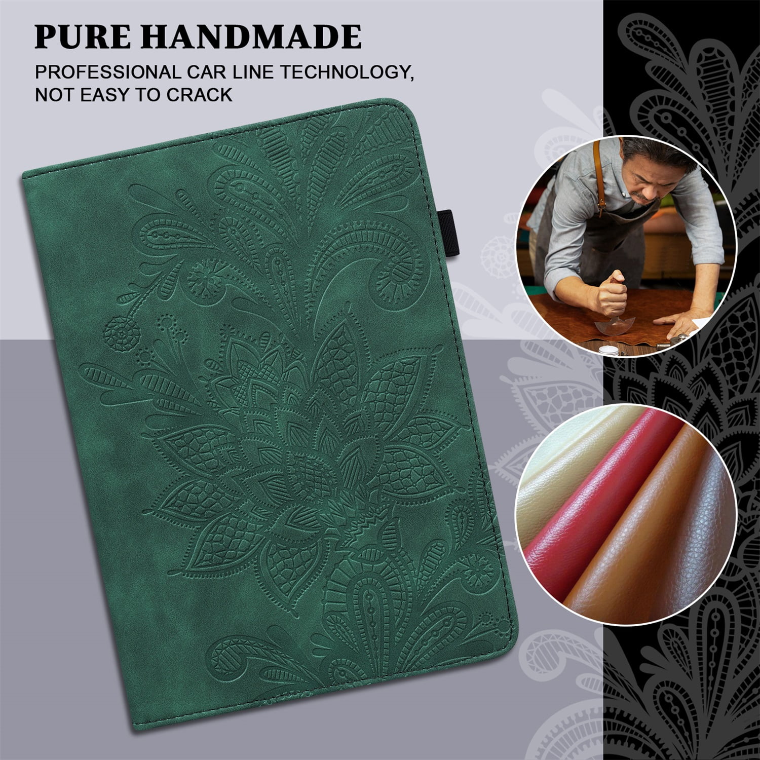 SaniMore for iPad 10th Generation 10.9" 2022 Embossed Case, PU Leather Case with Card Slot & Kickstand Pencil Holder & Hand Strap Shockproof Protective Case for Women Girls, Green