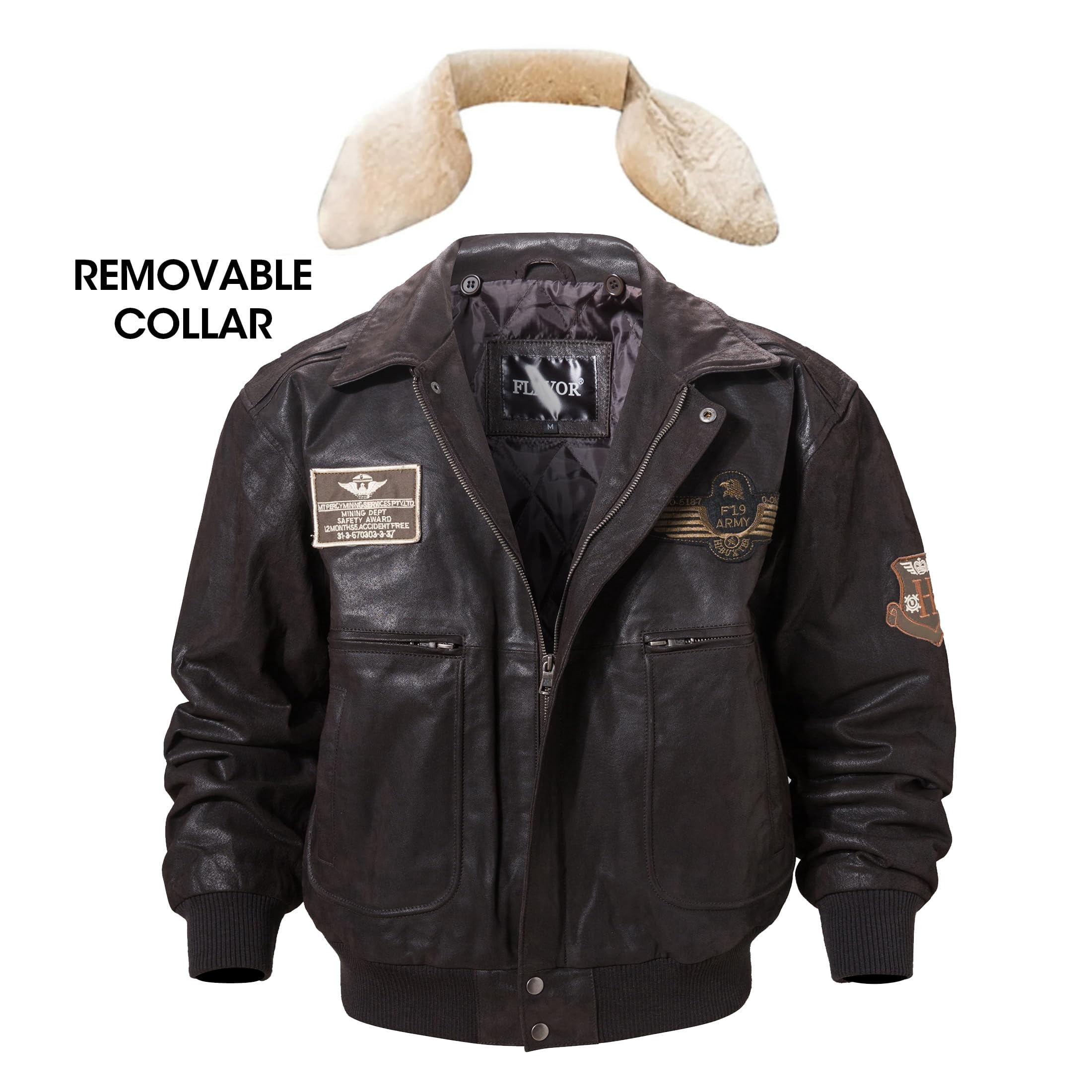 FLAVOR Men's Real Leather Bomber Jacket with Removable Collar Aviator (S, Dark Brown)
