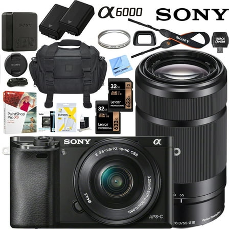 Sony Alpha a6000 Mirrorless Digital Camera with 16-50mm & 55-210mm Lens (Black) ILCE-6000L/B with Extra Battery Case + 2x Lexar Professional 633x 32GB SDHC/SDXC UHS-I Card (The Best Professional Digital Camera)