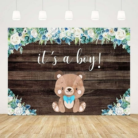 Blue Roses Boy Baby Shower Backdrop It s a Boy Floral Bear Rustic Wood Floor Background Photography Party Decorations Banner Photo Booth Props Supplies