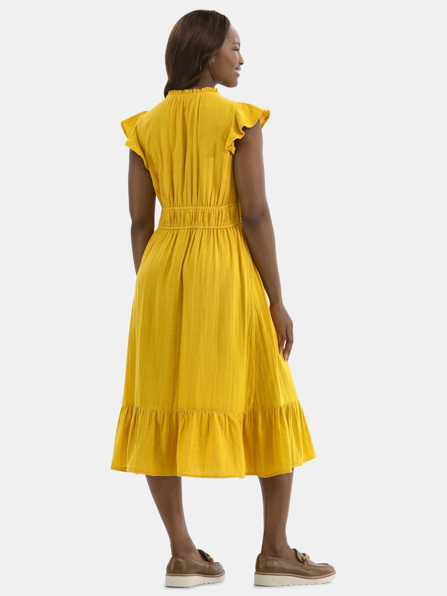 Time and Tru Women's Double Cloth Cotton Midi Dress with Flutter Sleeves, Sizes XS-XXXL