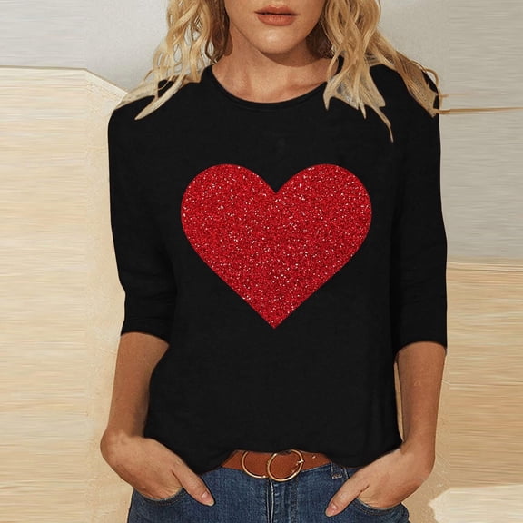 FASHOFT Valentine's Day Shirts for Women 3/4 Length Sleeve Tops Funny Love Heart Graphic Cute Crew Neck Holiday T-Shirts Black L
