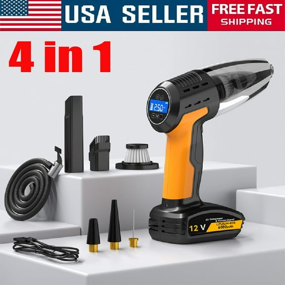 4-in-1 Cordless Car Vacuum Cleaner & Tire Inflator Pump w/ Digital Gauge, 9000Pa, 150PSI, Auto Stop, 6000mAh