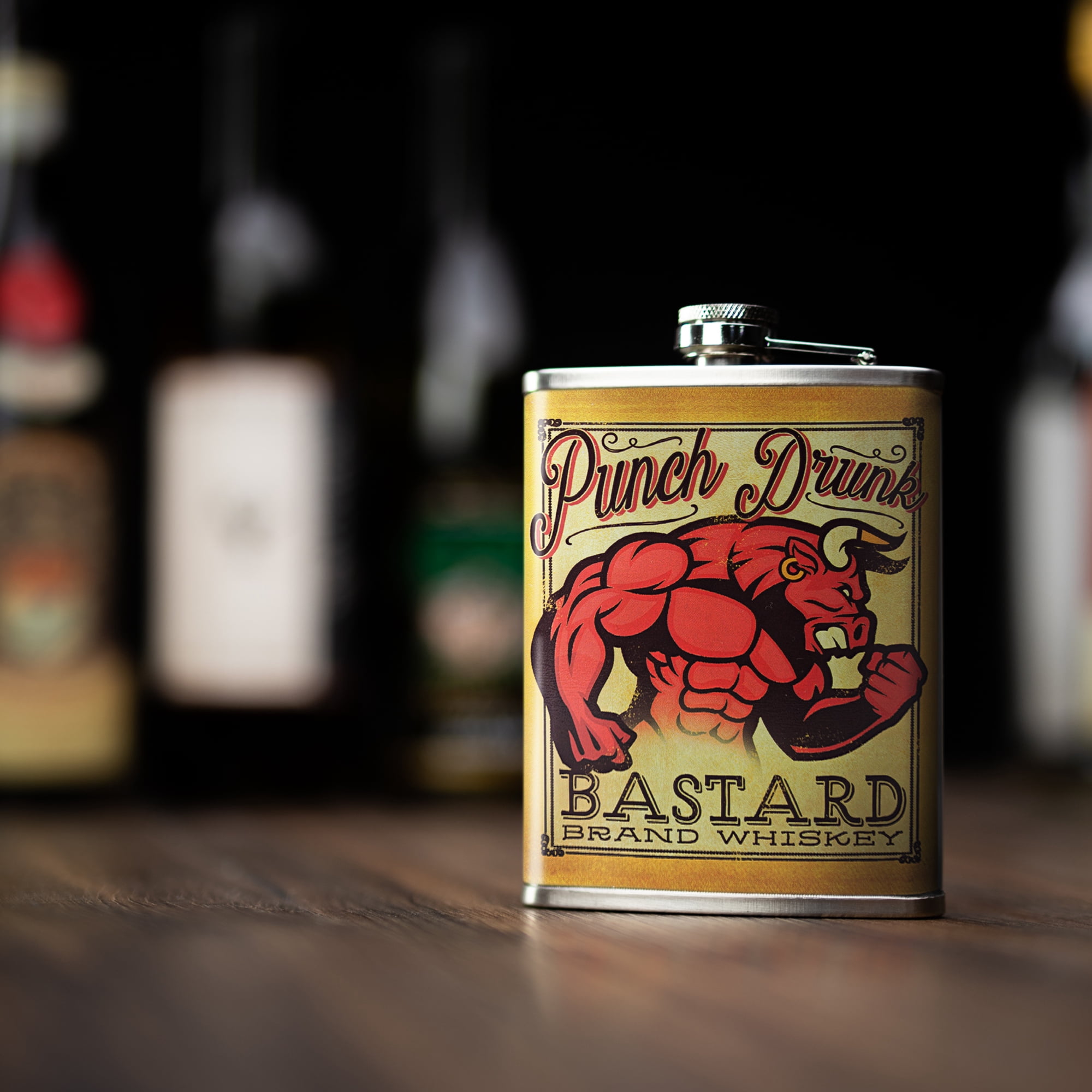 American Art Decor 8 oz Liquor Flask – Punch Drunk Bastard Whiskey Stainless Steel Hip Flask | Heavy Duty, Leak - Proof | Novelty, Funny Flask for Men and Women (5.5" x 4" x 1.25")