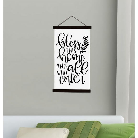 Black Wood Canvas Sign Wall Hanging, Bless This Home Entryway Wall Art 15x26-Inch