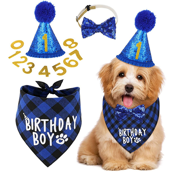 Kicpot Dog Birthday Party Supplies Birthday Boy Girl Cake Bandana Triangle Scarf Party Hat Dog Bow Tie Collar with Numbers for Large Medium Small Dog Puppy 1st Birthday