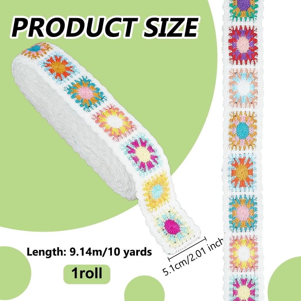 10 Yards Crochet Flower Webbing Strap 2 Inch Black Ethnic Style Webbing Ribbon Polyester Flower Pattern Woven Trim Jacquard Embroidery Webb Straps