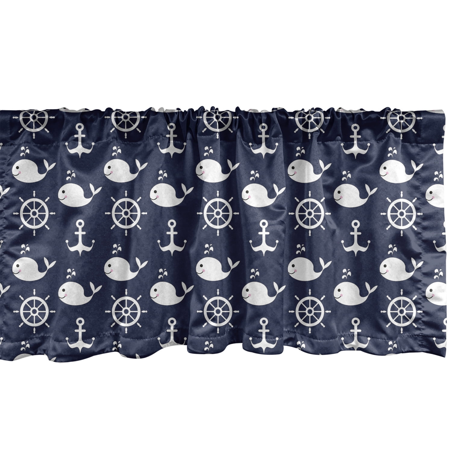 Navy Blue Window Valance, Maritime Pattern with Whales Helms Anchors Nautical Elements Deep Sea
