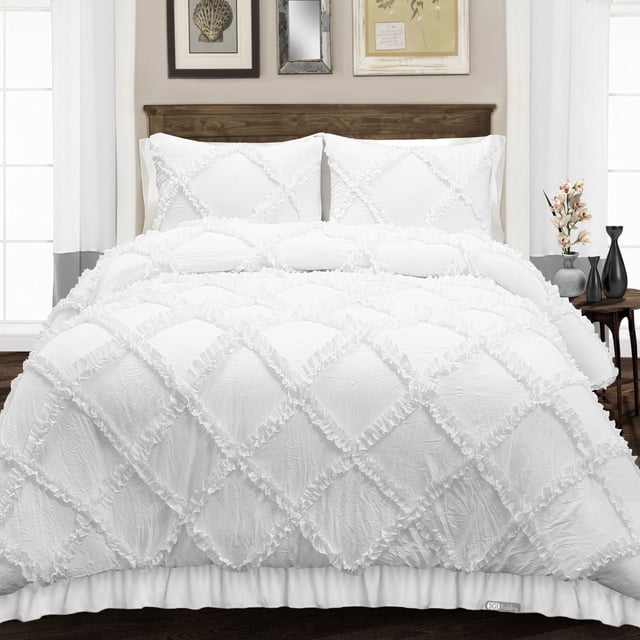 SGI Bedding Housse de Couette en Coton à Volants Diamant 3 Pcs Blanc Uni 600TC Simple