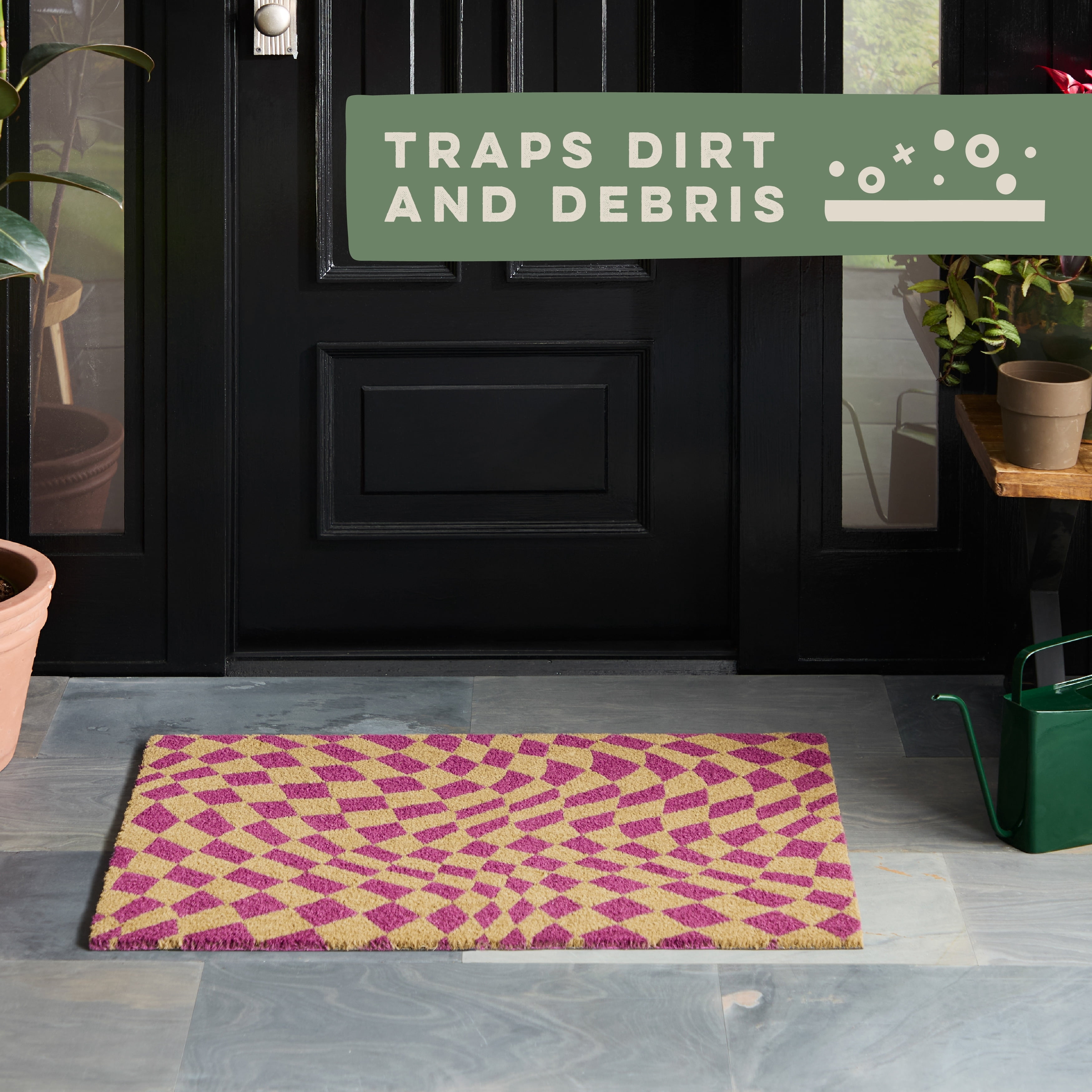 TOWN & COUNTRY TERRA Emmett Groovy Checkerboard Outdoor Door Mat, Natural Coir, Heavyweight, Non-Slip Entryway Mat, Purple, 18"x30"
