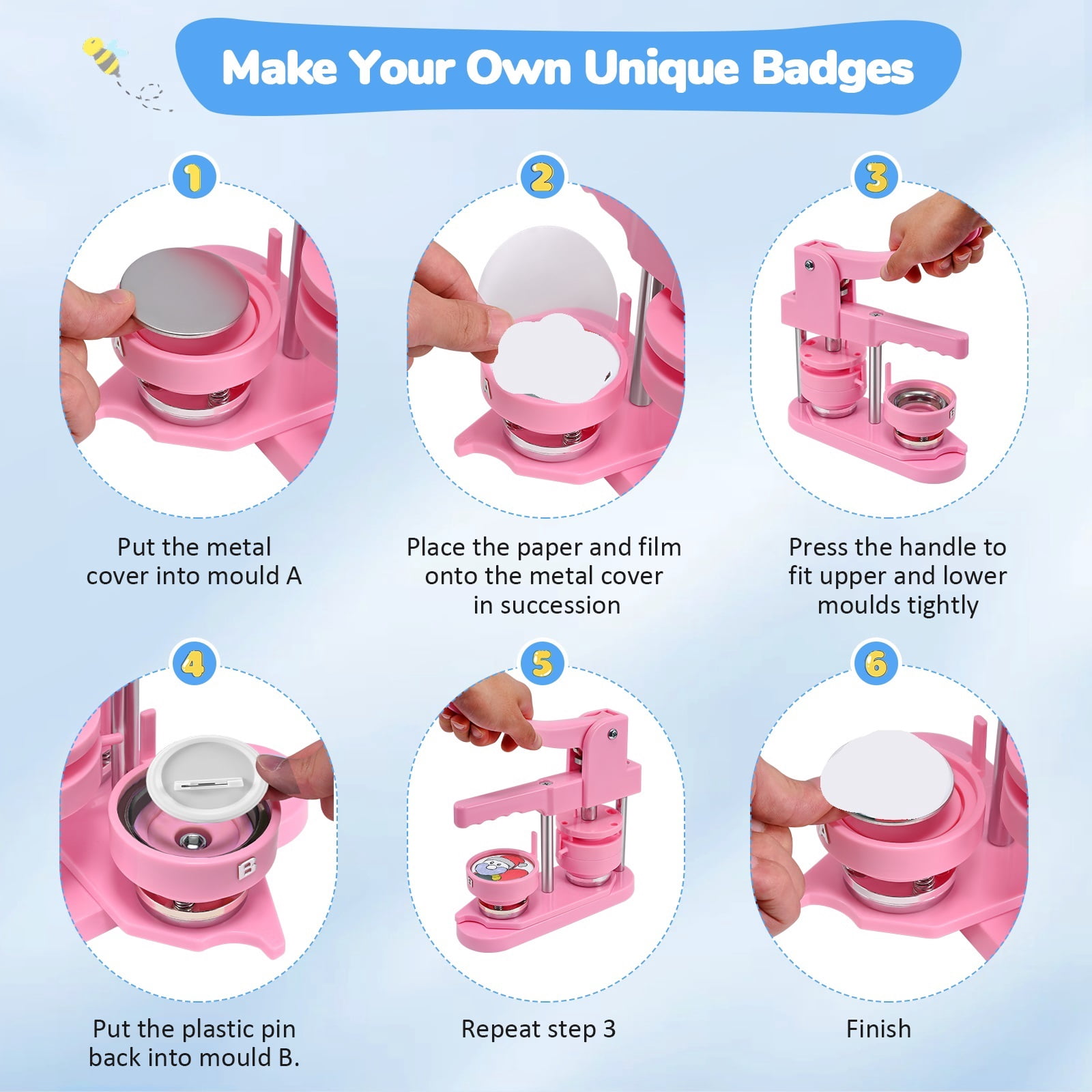 58MM Pink Button Maker Machine DC109 Badges Set,100Pcs Button Parts ,Beginner-Friendly