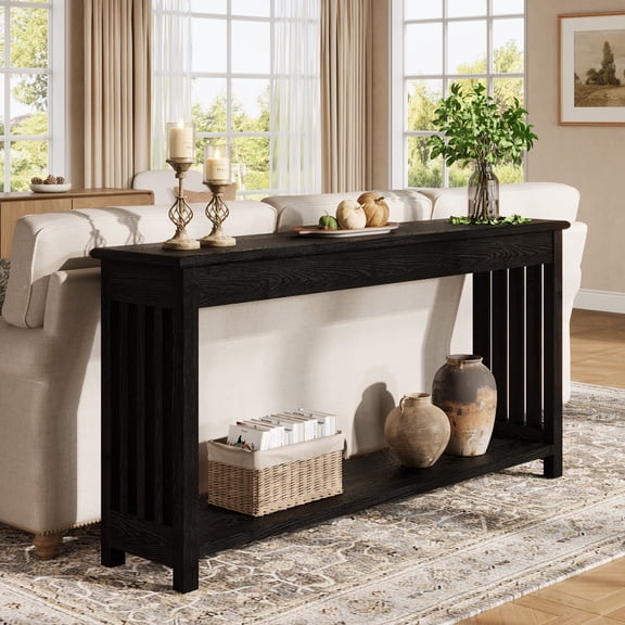63-Inch Solid Wood Console Table with 2-Tier Storage Shelf, Farmhouse Sofa Table for Entryway, Hallway, Behind Couch & Living Room, Rustic Brown