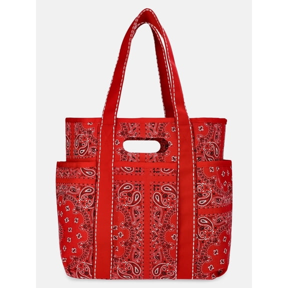 Women's Americana Cut Out Tote Bag, Red Bandana Print Shoulder Tote Bag with Multiple Pockets, Large Capacity Casual Handbag for Daily Use, 16" H x 21" W x 6.25" D