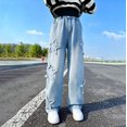 thumbnail image 2 of EnJoCho Teen Girls Cargo Jeans Wide Leg Washed Distressed Baggy Elastic Waist Vintage Denim Trousers Trendy Bottoms For Kids Back-to-School Casual Streetwear Wear, 2 of 9
