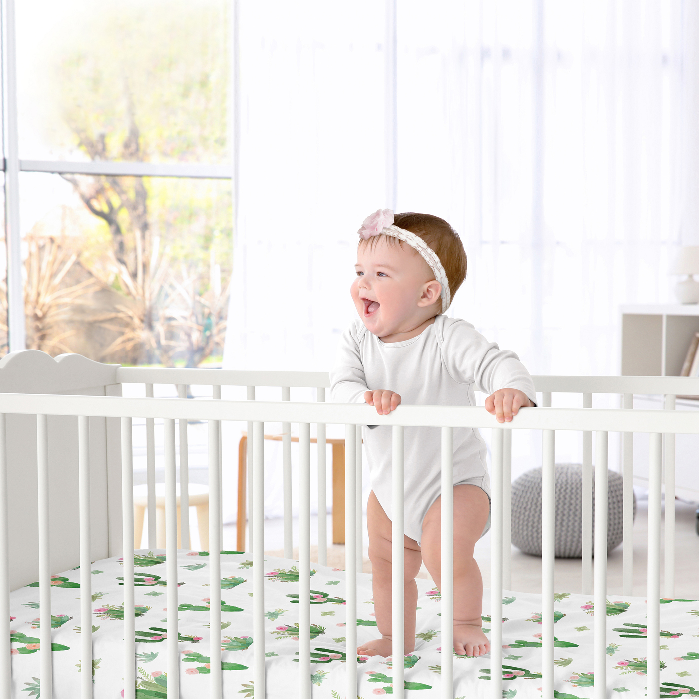 Sweet Jojo Designs Cactus Floral Pink Green and White Fitted Crib Sheet