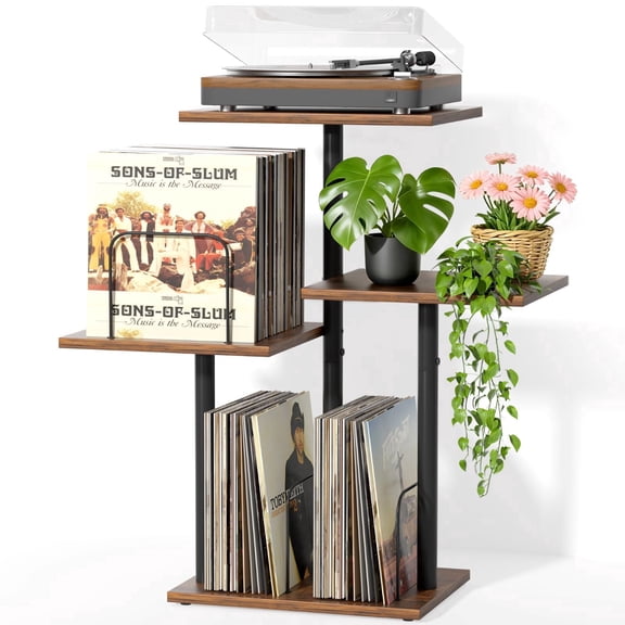 Olakee Botanical Record Player Stand with Vinyl Storage, Wood Turntable Table Furniture with LP Record Shelf, Wood & Metal, Black & Brown