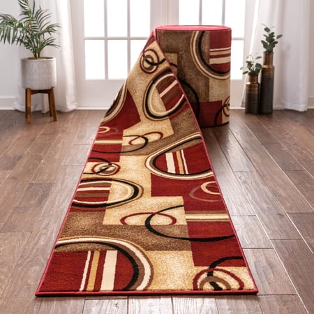 Well Woven Custom Size Runner - Choose Length - Deco Rings Red Geometric Modern 27 Inch Wide x 35 Feet Long Runner (27" x 35') Abstract Color Block Carpet