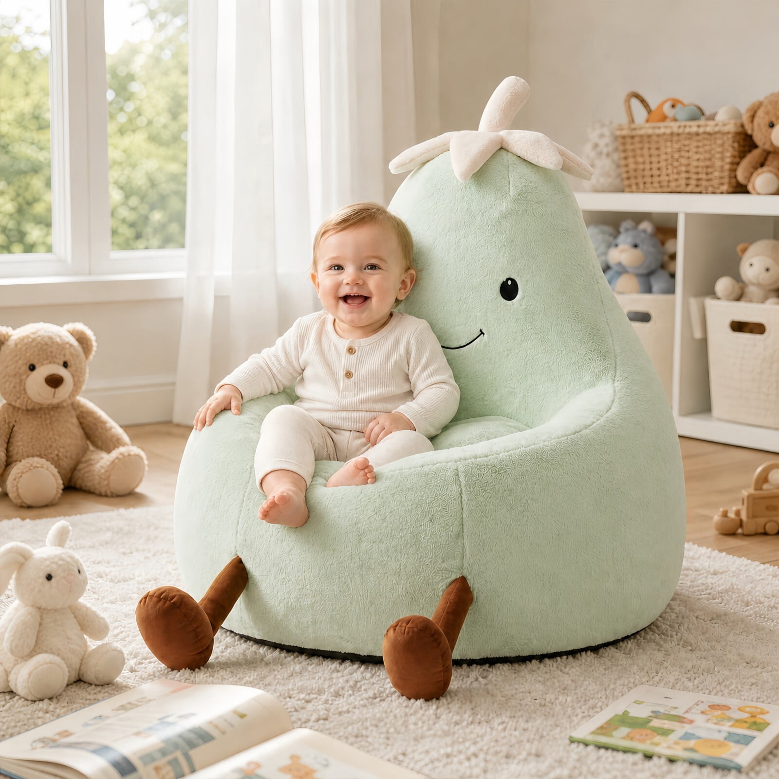 Kelno 24" Kids Bean Bag Chair Faux Rabbit Fur Lazy Chair Toddler Couch, Green