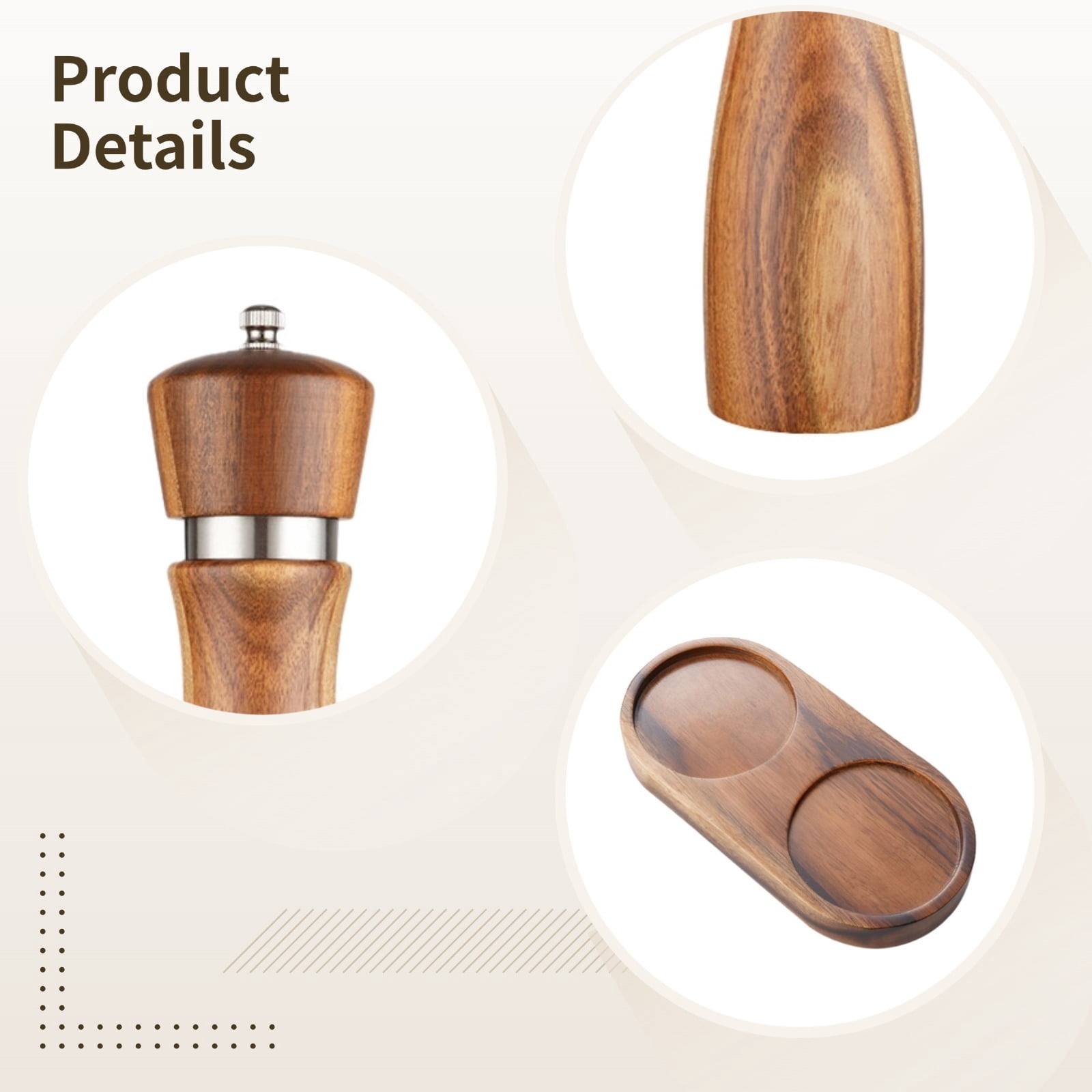 8-Inch Acacia Wood Pepper Mill with Steel Ring, Salt and Pepper Grinder Set with Spoon and Base, Elegant Gift for Bakers and Home Chefs