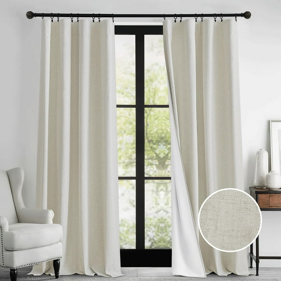 RYB HOME 100% Blackout Curtains Natural Linen Blended, Thermal Insulated Room Darkening Window Treatment with White Liner Classy Home Decor for Living Room Nursery, Natural, W52 x L95 i