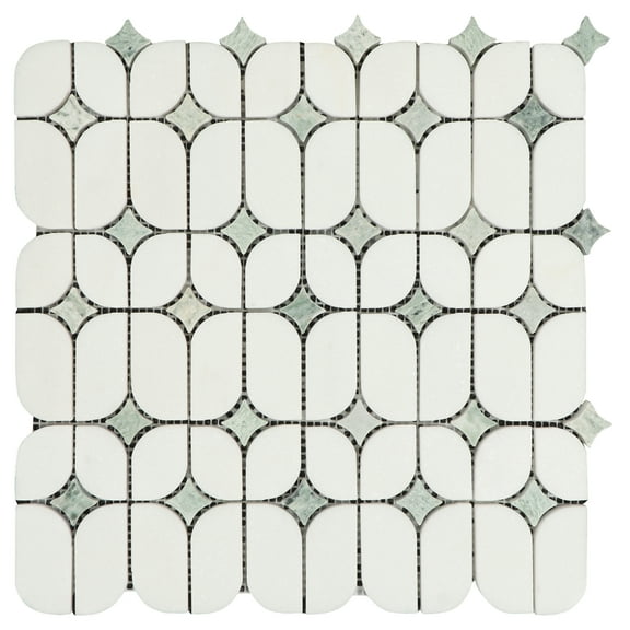 Thassos White & Ming Green Waterjet Diamond Floral Marble Mosaic Wall and Floor Tile - Case (10 Sheets)