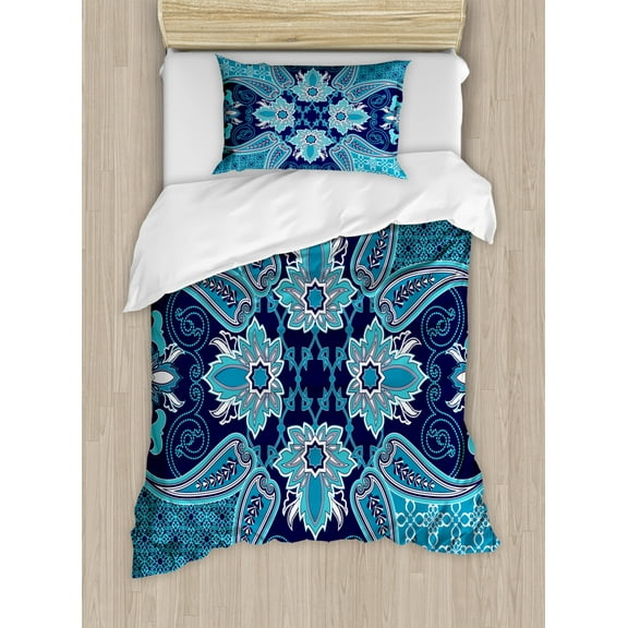 Navy Blue Decor Twin Size Duvet Cover Set, Floral Paisley Design Bohemian Style Vintage Flower Petal Pattern, Decorative 2 Piece Bedding Set with 1 Pillow Sham, Blue Navy and White, by Ambesonne