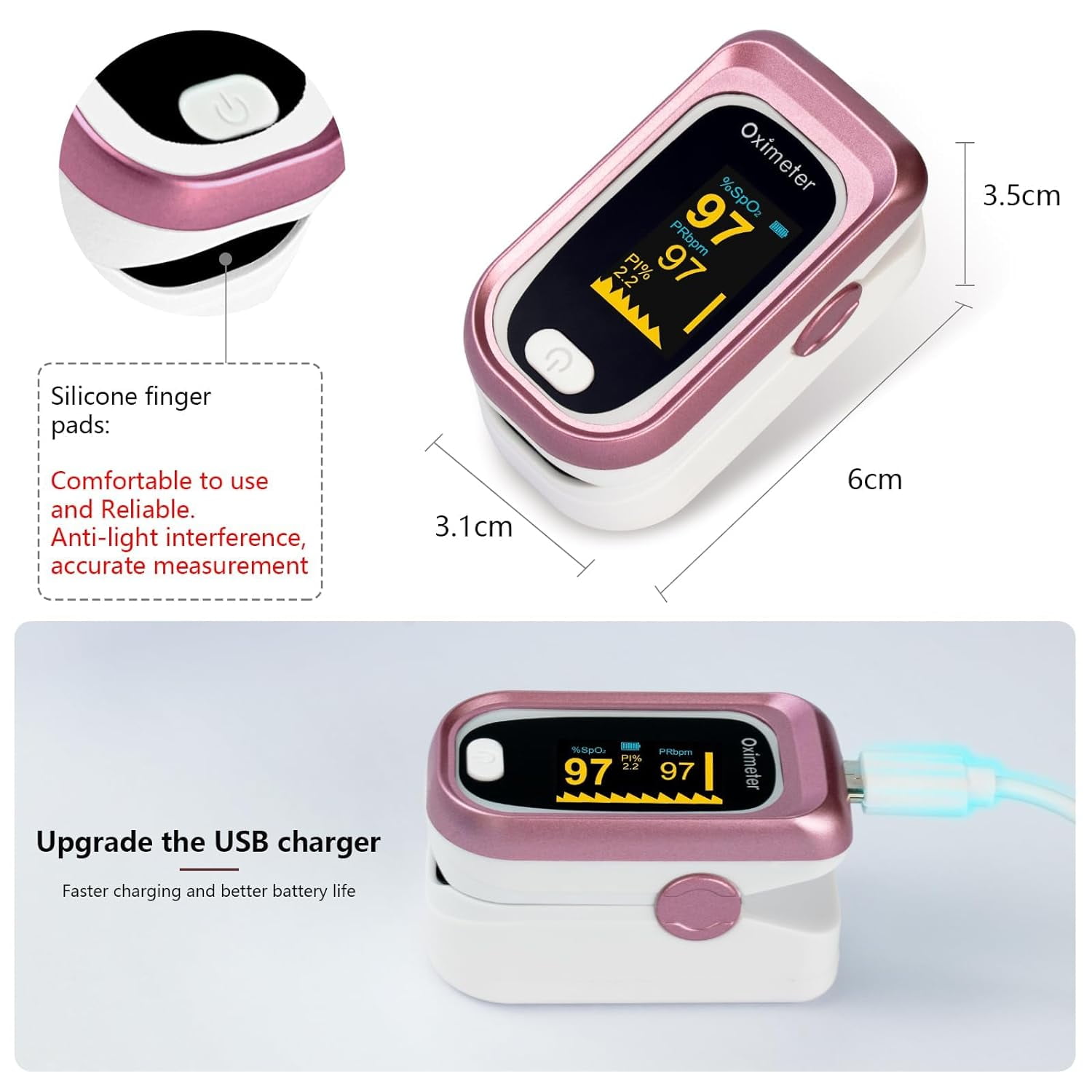 Rechargeable Fingertip Pulse Oximeter, Heart Rate & Blood Oxygen Meter ...