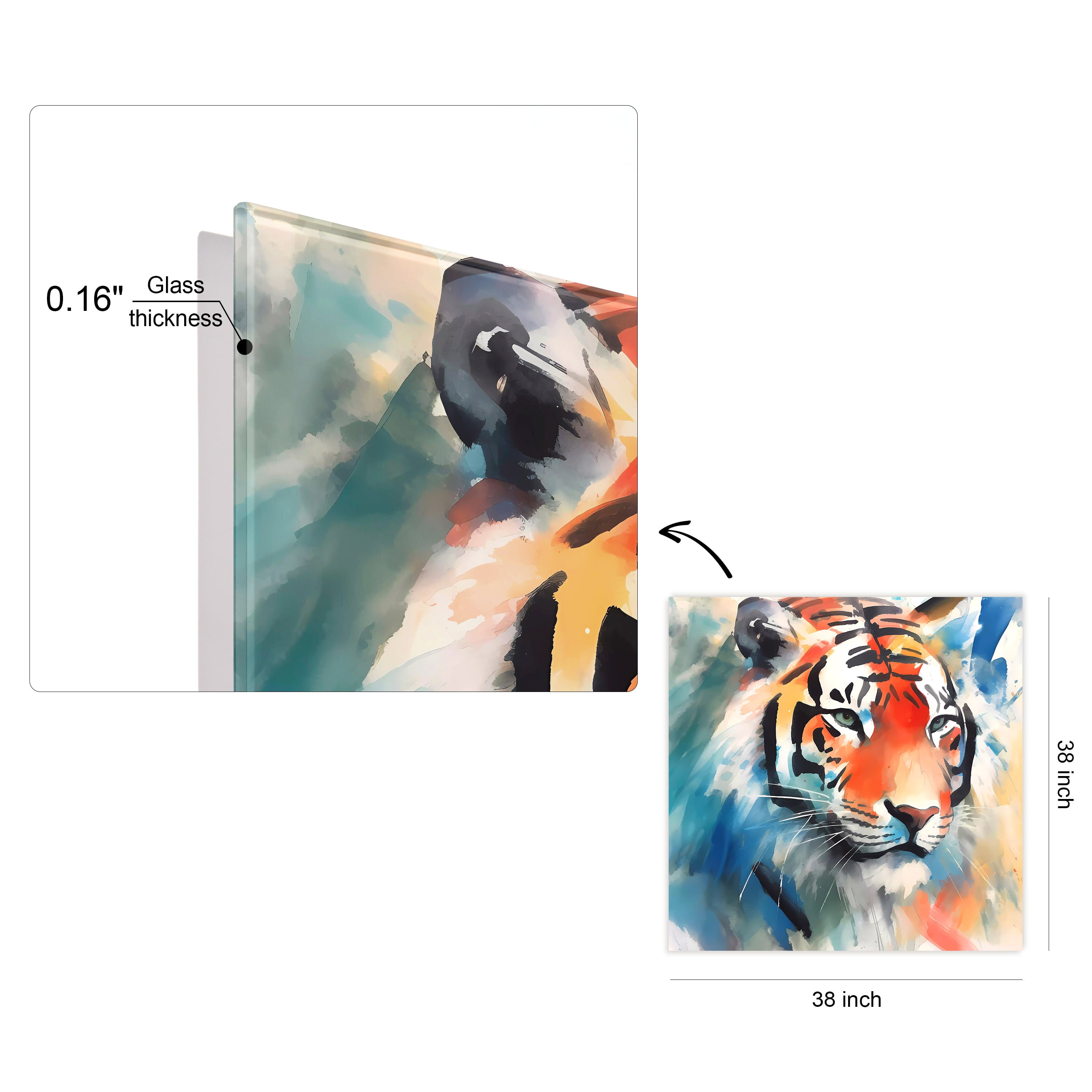 "Regal Strength II" Tiger Frameless Free Floating Reverse Printed Tempered Art Glass Wall Art