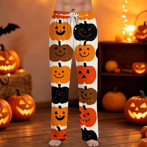 Mens Halloween Pajamas Cute Pumpkin Ghost Print Elastic Waist Pjs Bottoms with Pockets Halloween Soft Long Sleep Lounge Sleepwear