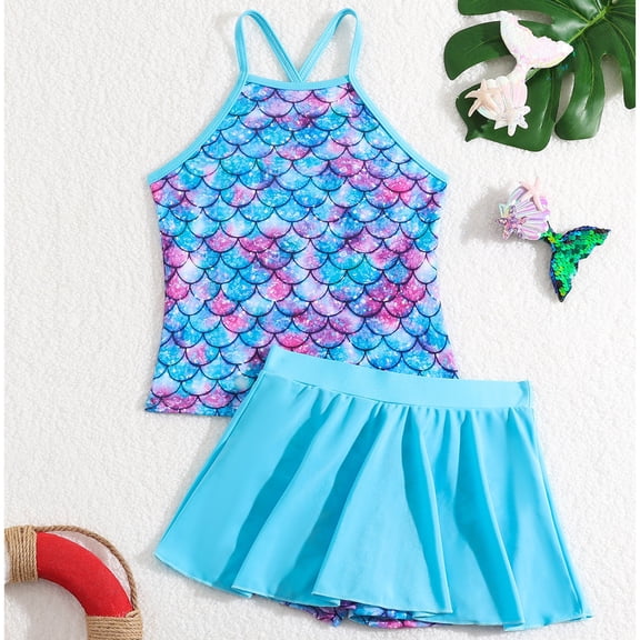 RTKFRFL Girls Swimsuit Ruffle Halter Cross Back Tankini With Skirt Bottom 2 Piece Swimwear Beachwear Bathing Suit