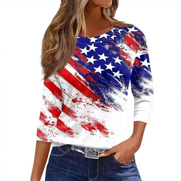 Women's Relaxed Fit Crewneck 3/4 Sleeve Tee, Independence Day Graphic Print Casual Top for Gym & Lounging, Moisture-Wicking Fabric,Blue L