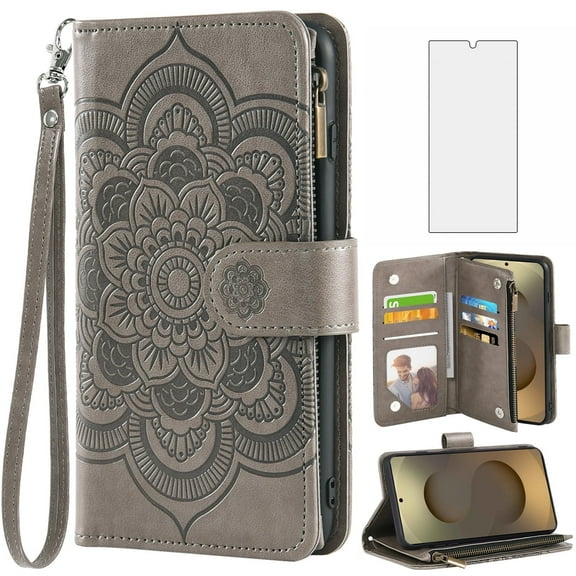 Asuwish Compatible with Samsung Galaxy S25 Ultra Wallet Phone Case and Tempered Glass Screen Protector Flower Faux Leather Flip Credit Card Holder Stand Zipper Cell Cover for S25ultra Women Grey