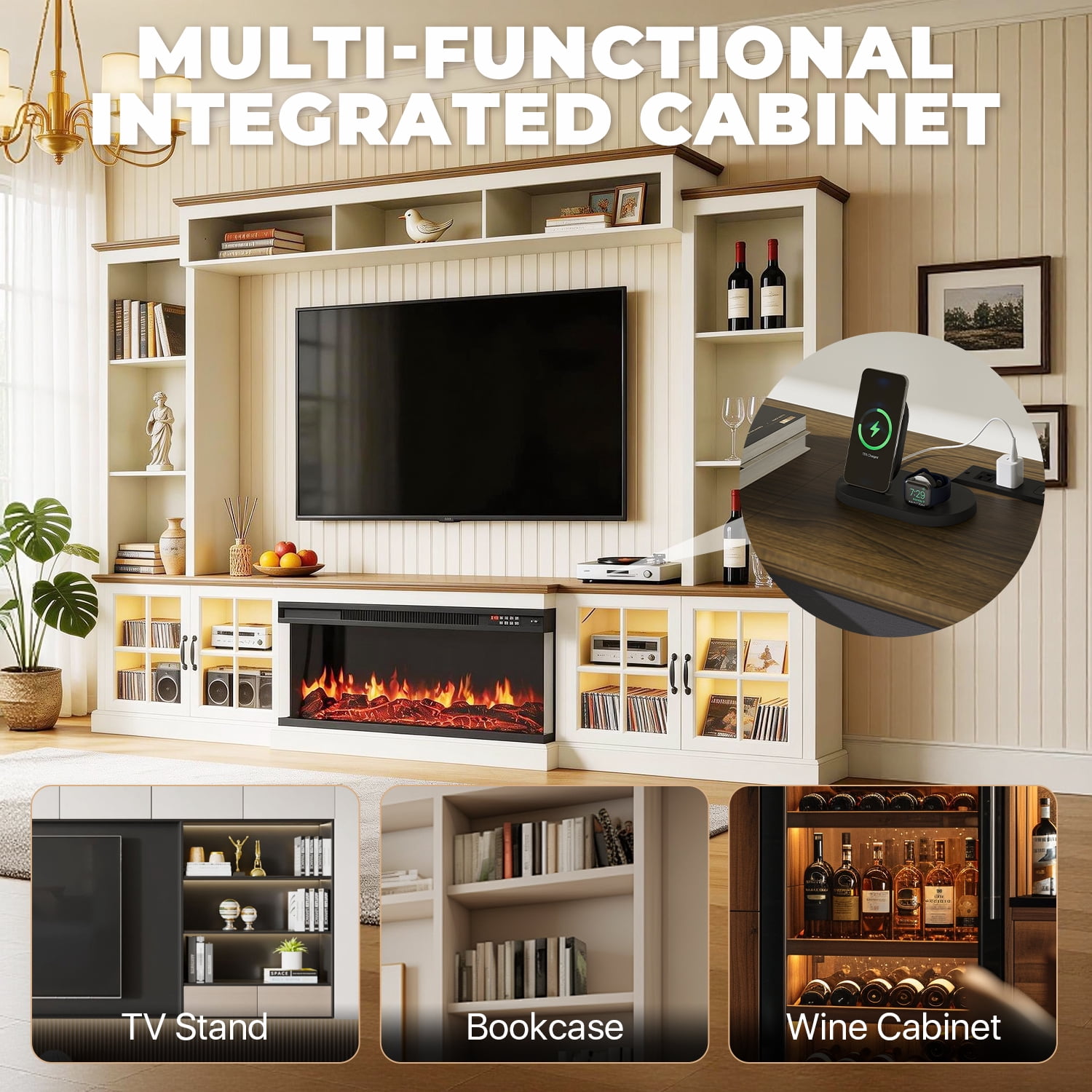 BaPiPro 98" Farmhouse TV Stand with Fireplace, Bookshelf, Entertainment Center for 75" TVs with Storage, Large Wall Unit Media Console for Living Room, White