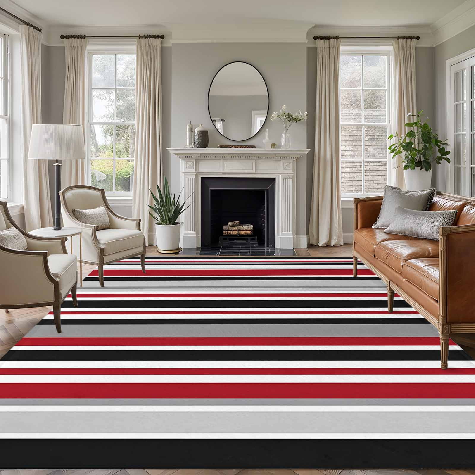 Red Black Washable Living Room Rugs 5 x7 Grey Stripe Abstract Geometric Vertical Stripes Low Pile Throw Large Area Rugs Non-Slip Sturdy Edge Binding Carpet for Dining Room Bedside Kitchen