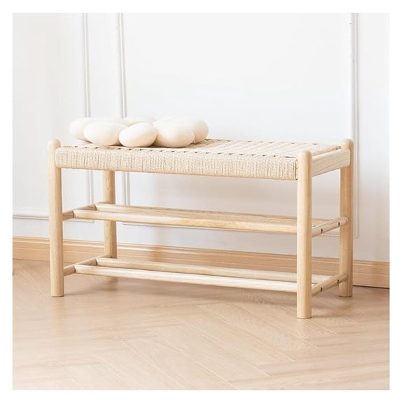 Solid Wood Entryway with Shoe Storage, Rustic Oak Wood and Woven Design 31.5 Inch Long Seating for Living and Dining Rooms, 3-Tier Nature