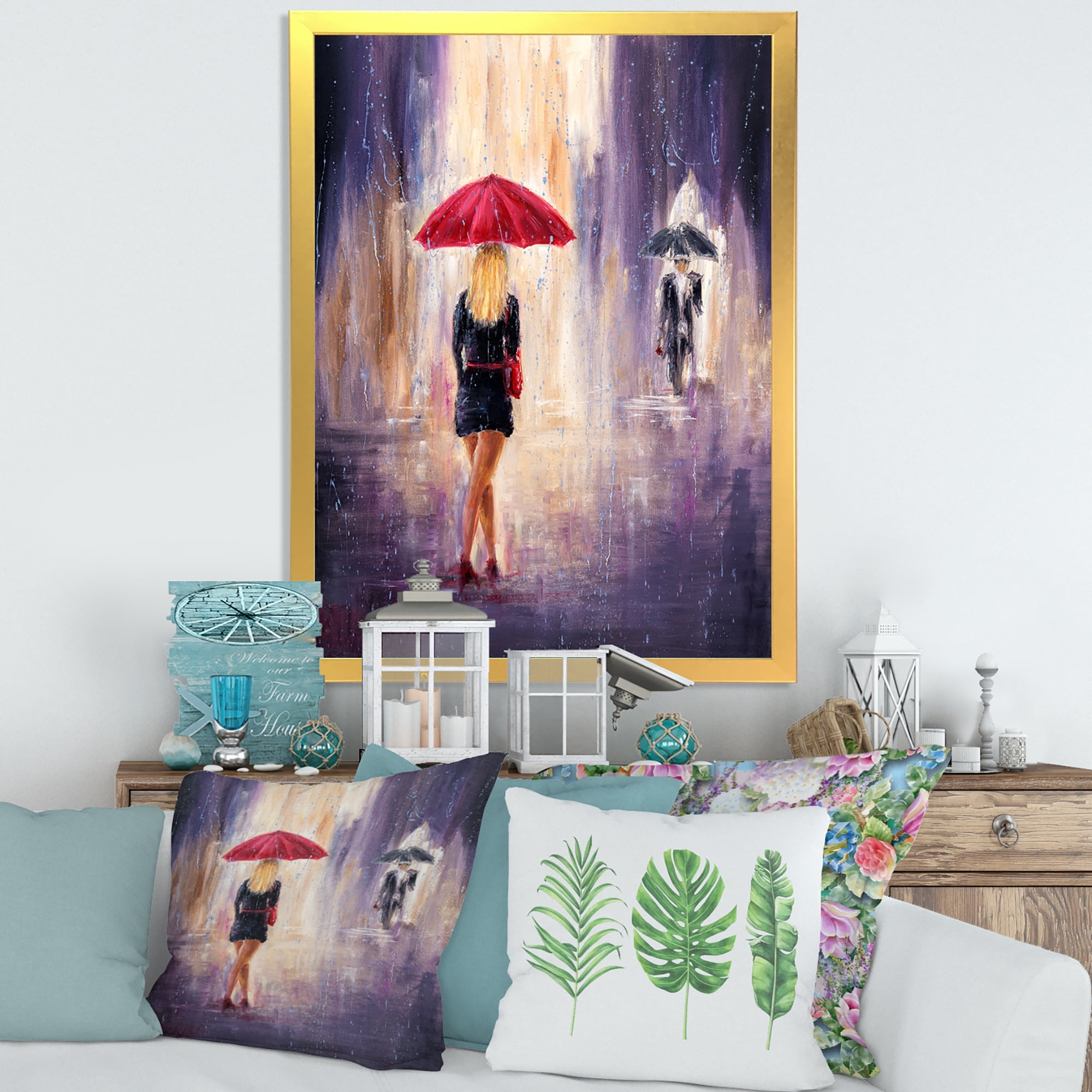 Designart 'The Girl With The Umbrella Walking In The Rain II' French Country Framed Art Print
