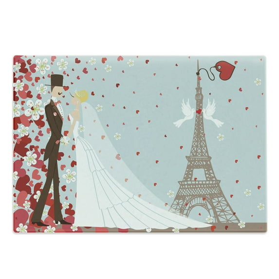 Wedding Cutting Board, French Couple Hand Drawn Paris Eiffel Tower Getting Married Hearts Celebration, Decorative Tempered Glass Cutting and Serving Board, Large Size, Blue Red White, by Ambesonne