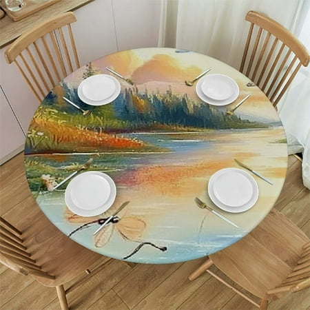 

Patifu Dragonflies Flowers Round Tablecloth Stain-Resistant Washable Table Cover with Elastic Edge for Indoor Outdoor Restaurants Weddings Parties Home 54 -58