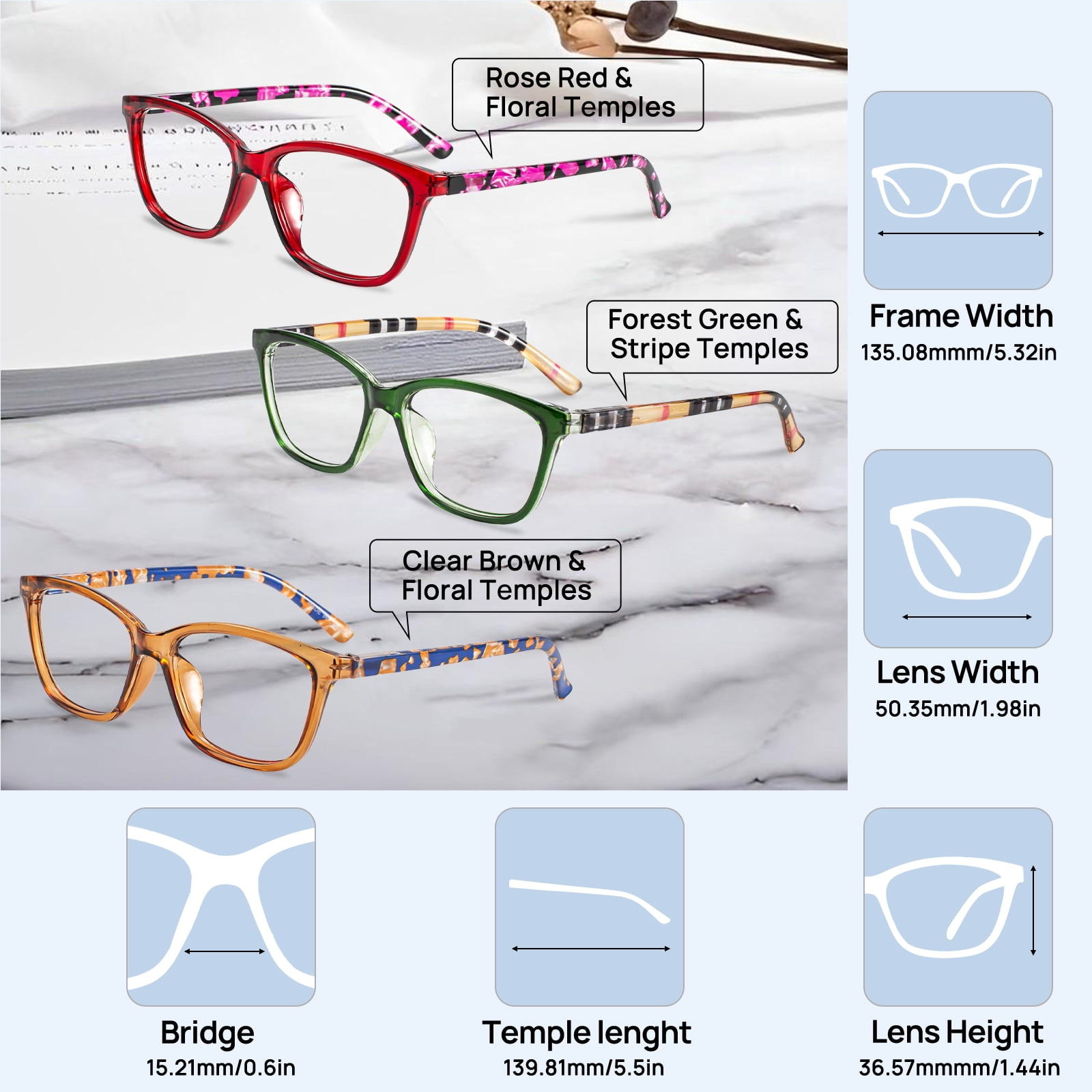 WEMOOTANTS 3 Packs Women's 2.75 Reading Glasses Ladies Colorful Readers 1.0 1.25 1.5 1.75+ 2.0 2.25 2.5 2.75+ 3.0 3.5 4.0 5.00 6.00