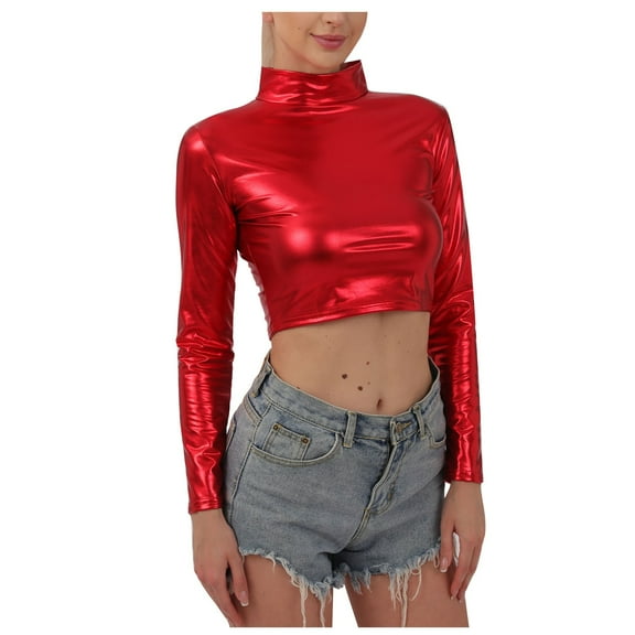 UYISJ Women's Shiny Metallic Liquid Crop Top Long Sleeve Mock Neck Turtleneck Slim Fitted Crop Top Clubwear Going out Shirts Red M