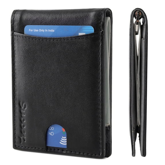 Succor RFID Blocking Genuine Leather Minimalist & Slim Money Clip Wallet for Men's with Card Holder & Elite Finishing (Black and Grey)