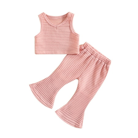 

EYIIYE Toddler Baby Girl Summer Knit Solid Sleeveless Vest Tank Tops and Bell-Bottoms Flare Pants Set 6 Months-4 Years