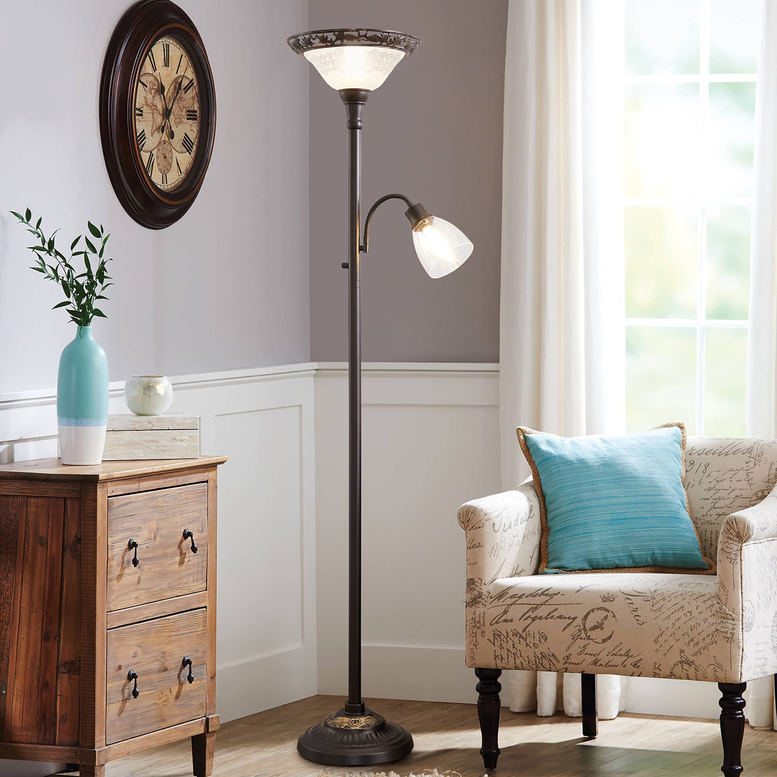 NATYSWAN 70" Victorian Floor Lamp, Etched Glass Shade, Metal Body & Heavy Base, Vintage Tall Corner Lamp for Bedroom, Living Room, Den, Office. No Bulbs (2 Head)