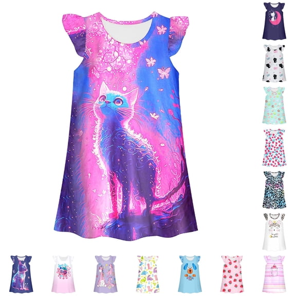 WhouRiu Girls Summer Cartoon Graphic Dresses Sleeveless Flutter Sleeve Crew Neck Dress Kids Comfortable Cute Party Nightgown,9-10 Years