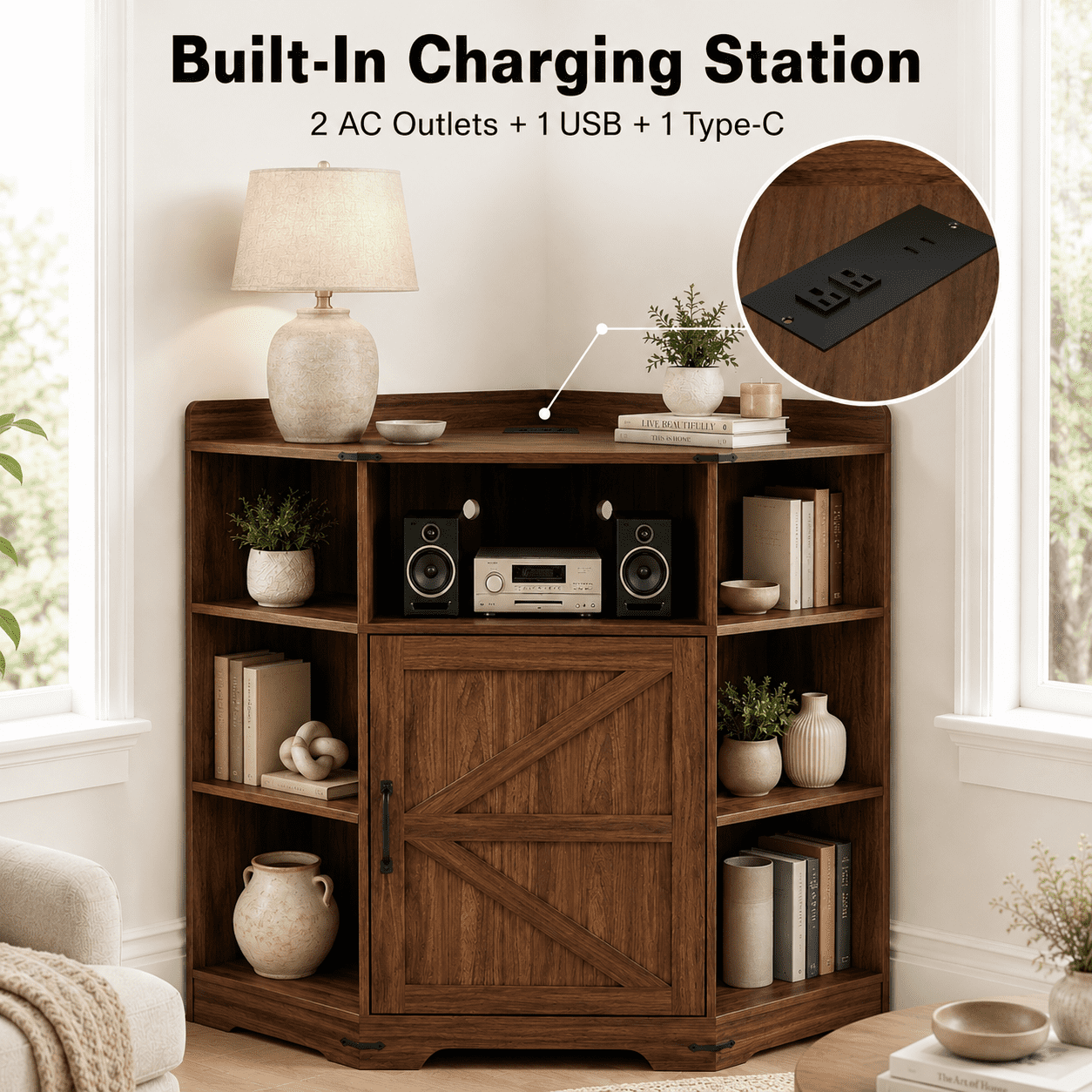 Aukfa Corner Cabinet with Charging Station,3-Tier Storage Shelf with 6 Cubbies, Walnut
