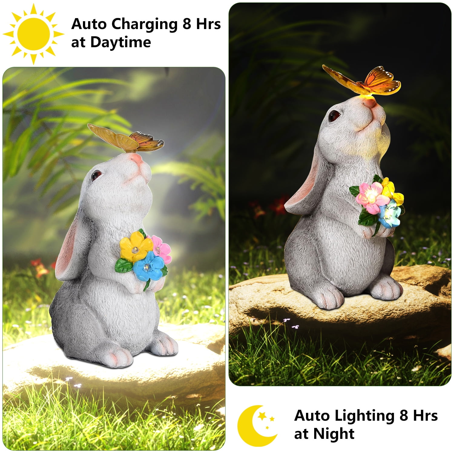 Rirool Solar Rabbit Garden Statue with LED Lights & Butterfly - Hand-Painted Outdoor Decor for Lawn, Patio - Waterproof Easter Gift for Women, Mom