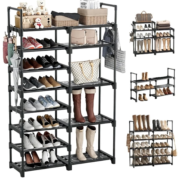 Zapatera Con Montaje DIY, Zapatera Organizador De 8+5 Niveles, Estante Para Zapatos De Metal, Shoe Rack Con 15 Ganchos, Para Botas De Mujer, Bolsos Y 26-32 Pares De Zapatos, Para Armario, Entrada