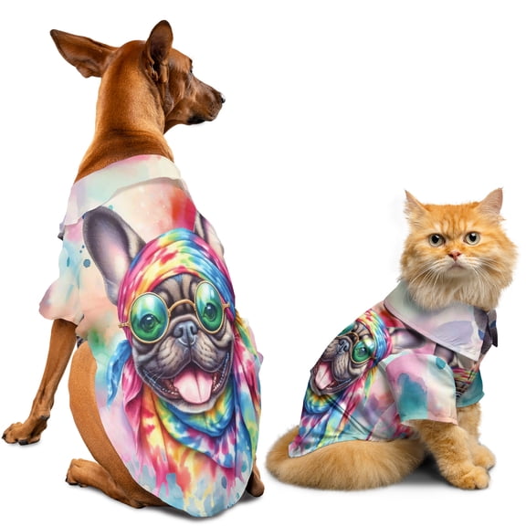 Hippie French Bulldog Portrait Watercolor Tie-Dye Vintage Styles Hawaiian Summer Shirt for Small Medium Large Dog Cat Dog Lover Gifts - 00014