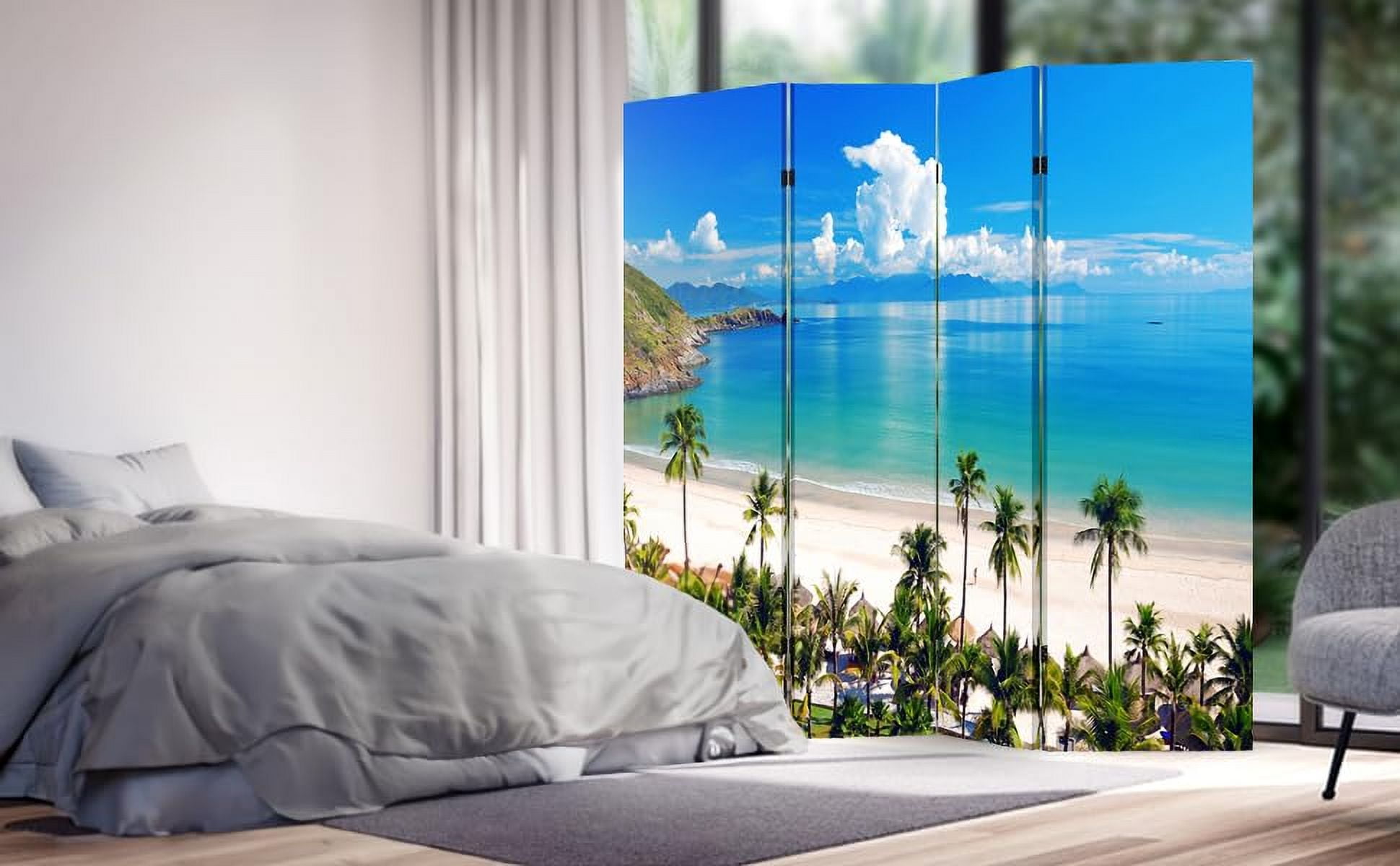 4 Panels Privacy Screen Room Divider Partition with Beach Hut Canvas, Water Resistant for Living Room, Bathroom, Home Office or College Dorm, Wood Frame